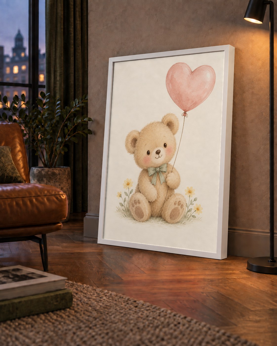 Kalpli Balon Tutan Ayıcık Suluboya Poster – Pastel Çocuk Odası Dekoru — çerçeveli hâliyle bir ev duvarında