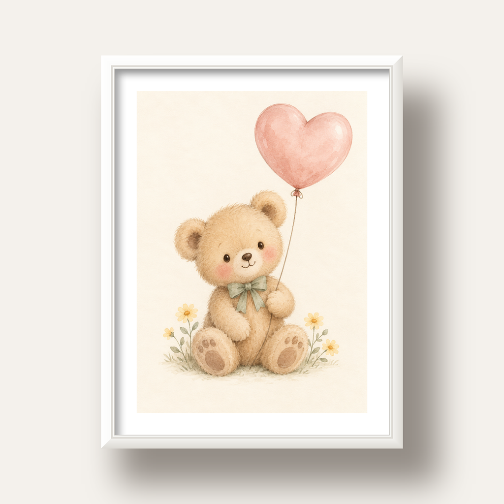 Kalpli Balon Tutan Ayıcık Suluboya Poster – Pastel Çocuk Odası Dekoru — beyaz derin çerçeveli paspartulu