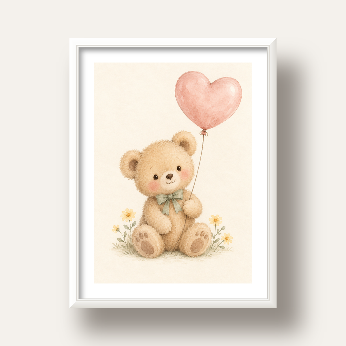 Kalpli Balon Tutan Ayıcık Suluboya Poster – Pastel Çocuk Odası Dekoru — beyaz derin çerçeveli paspartulu