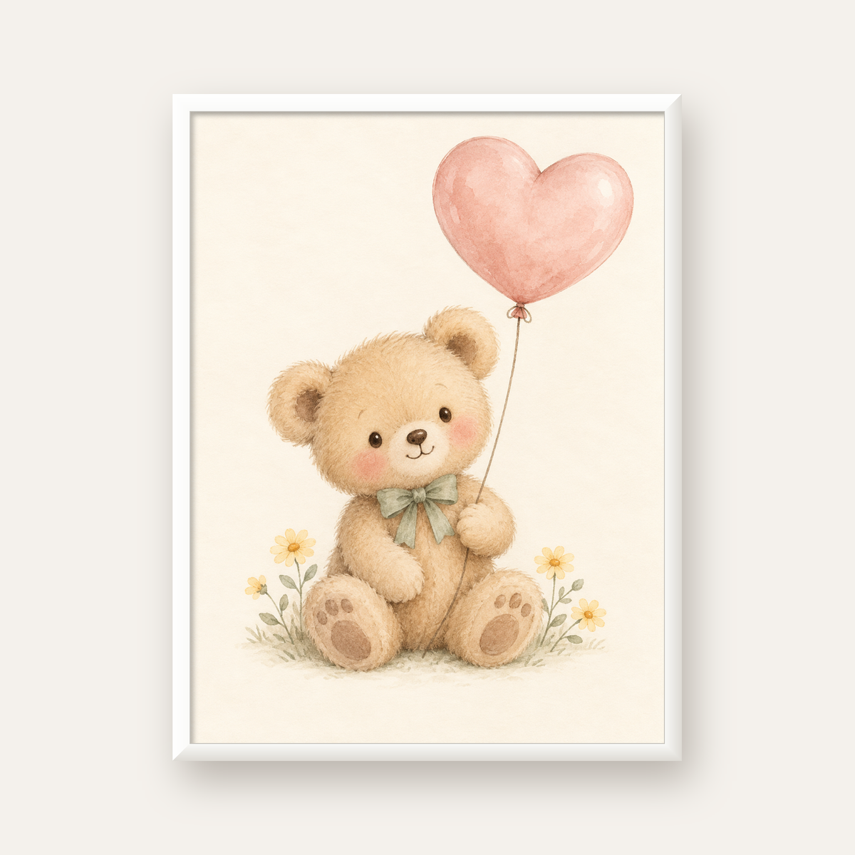 Kalpli Balon Tutan Ayıcık Suluboya Poster – Pastel Çocuk Odası Dekoru — beyaz çerçeveli dikey poster