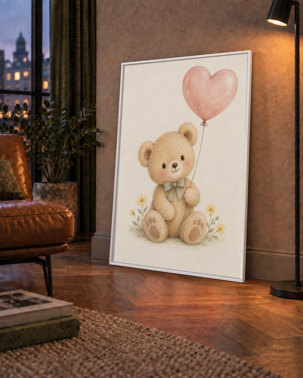 Kalpli Balon Tutan Ayıcık Suluboya Poster – Pastel Çocuk Odası Dekoru — çerçeveli hâliyle bir ev duvarında
