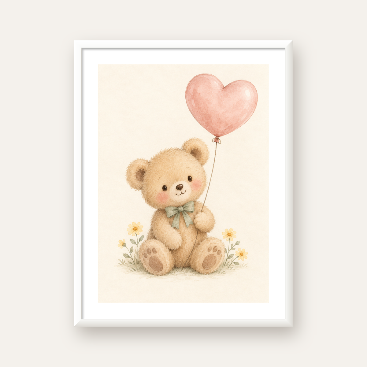 Kalpli Balon Tutan Ayıcık Suluboya Poster – Pastel Çocuk Odası Dekoru — beyaz çerçeveli dikey poster