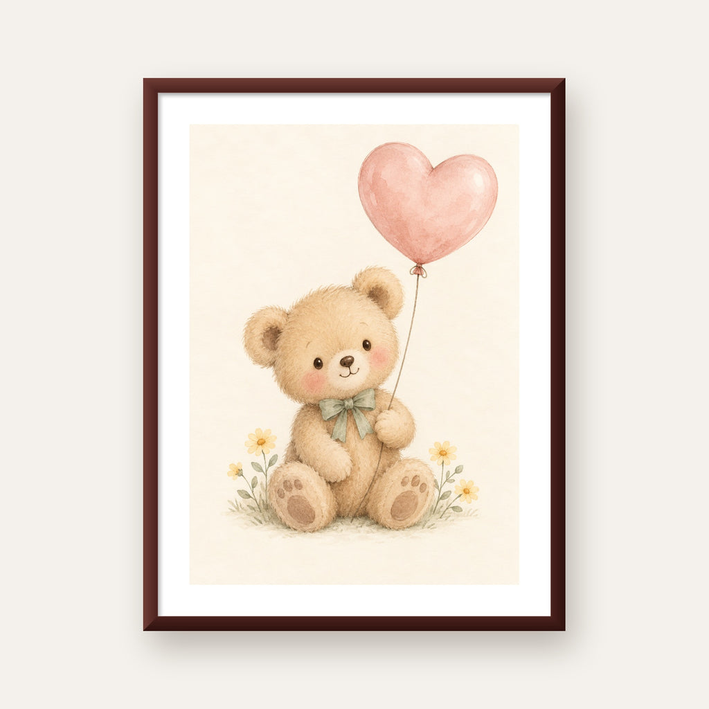 Kalpli Balon Tutan Ayıcık Suluboya Poster – Pastel Çocuk Odası Dekoru — ceviz çerçeveli paspartulu