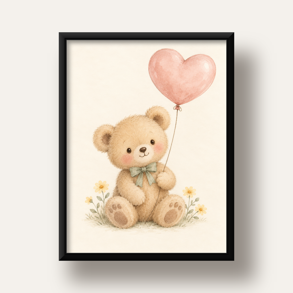 Kalpli Balon Tutan Ayıcık Suluboya Poster – Pastel Çocuk Odası Dekoru — siyah derin çerçeveli