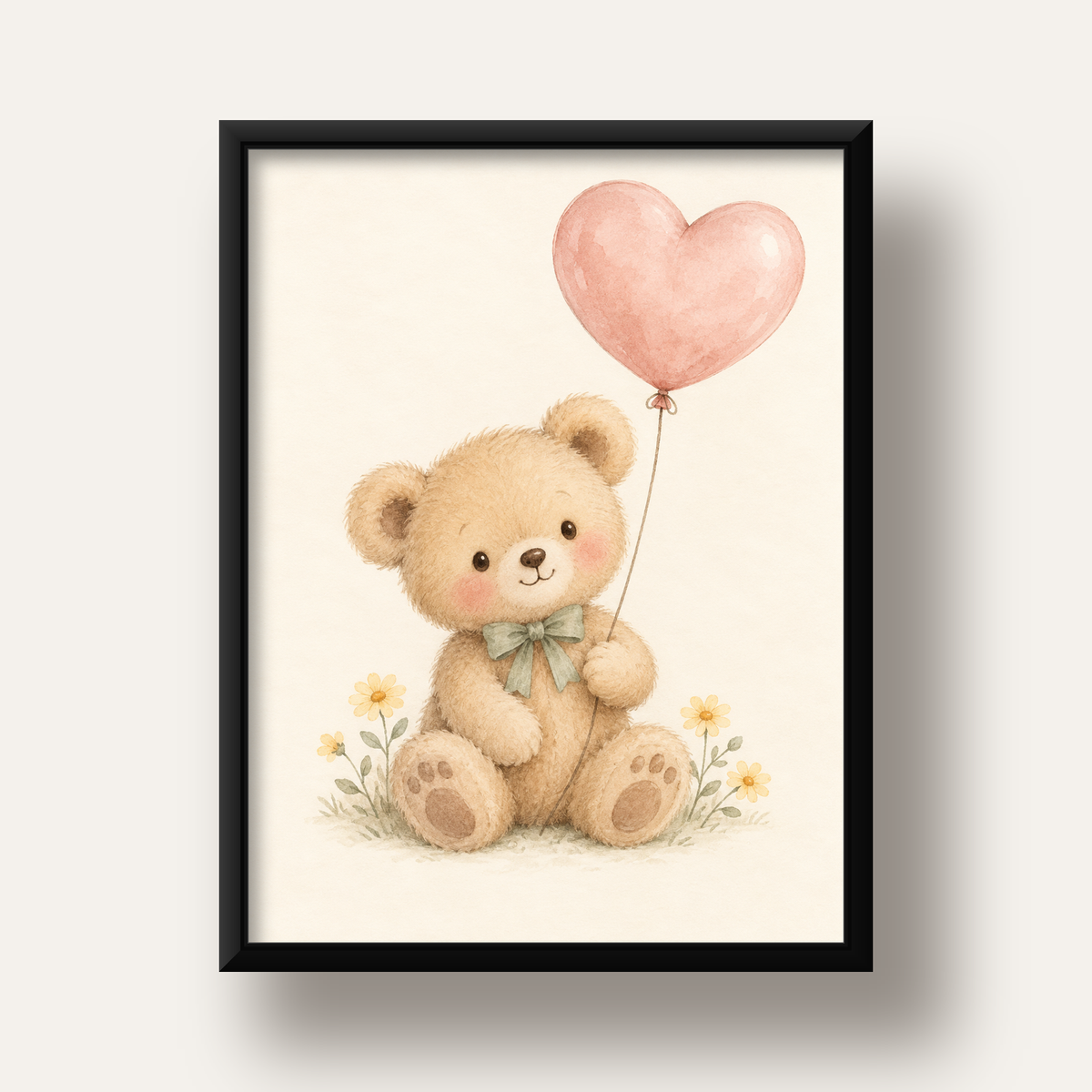 Kalpli Balon Tutan Ayıcık Suluboya Poster – Pastel Çocuk Odası Dekoru — siyah derin çerçeveli