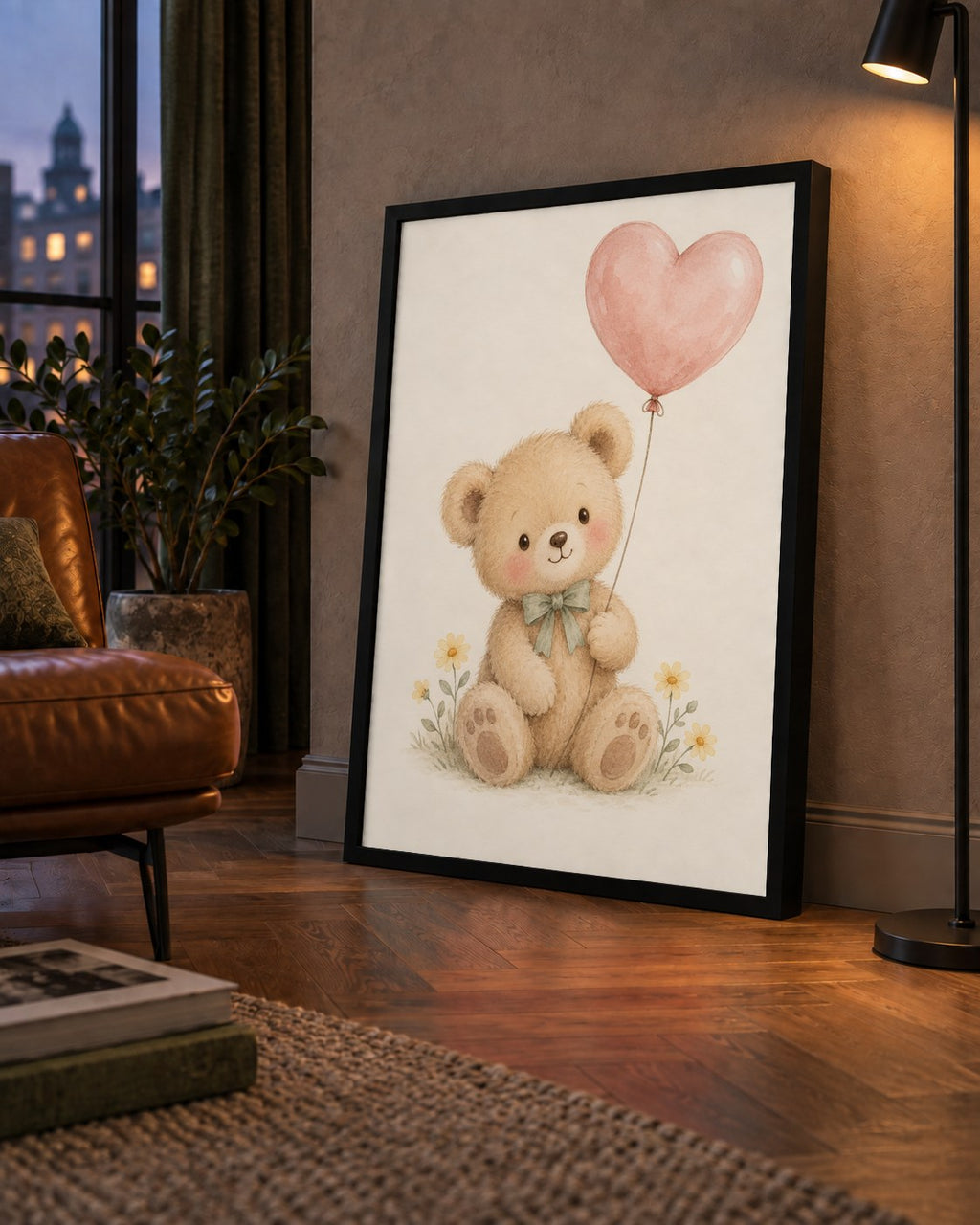 Kalpli Balon Tutan Ayıcık Suluboya Poster – Pastel Çocuk Odası Dekoru — çerçeveli hâliyle bir ev duvarında