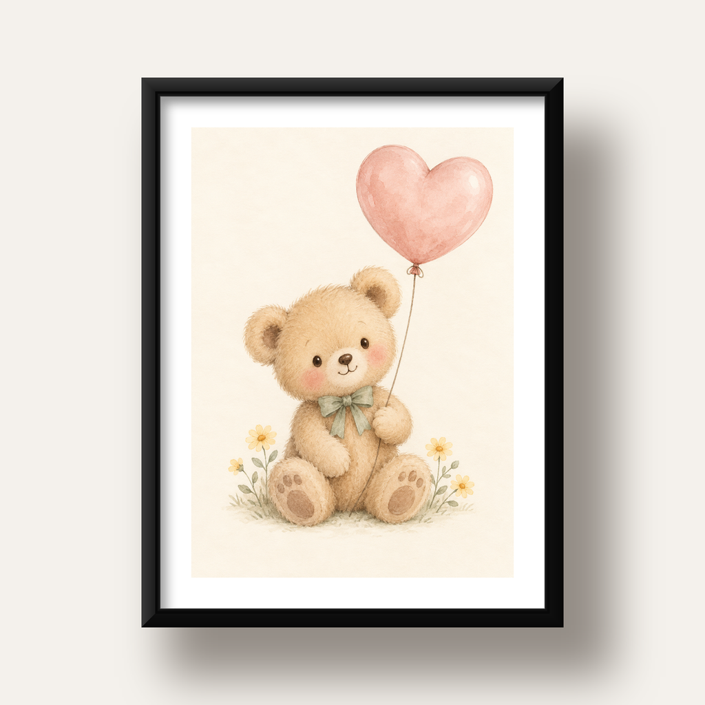 Kalpli Balon Tutan Ayıcık Suluboya Poster – Pastel Çocuk Odası Dekoru — siyah derin çerçeveli paspartulu