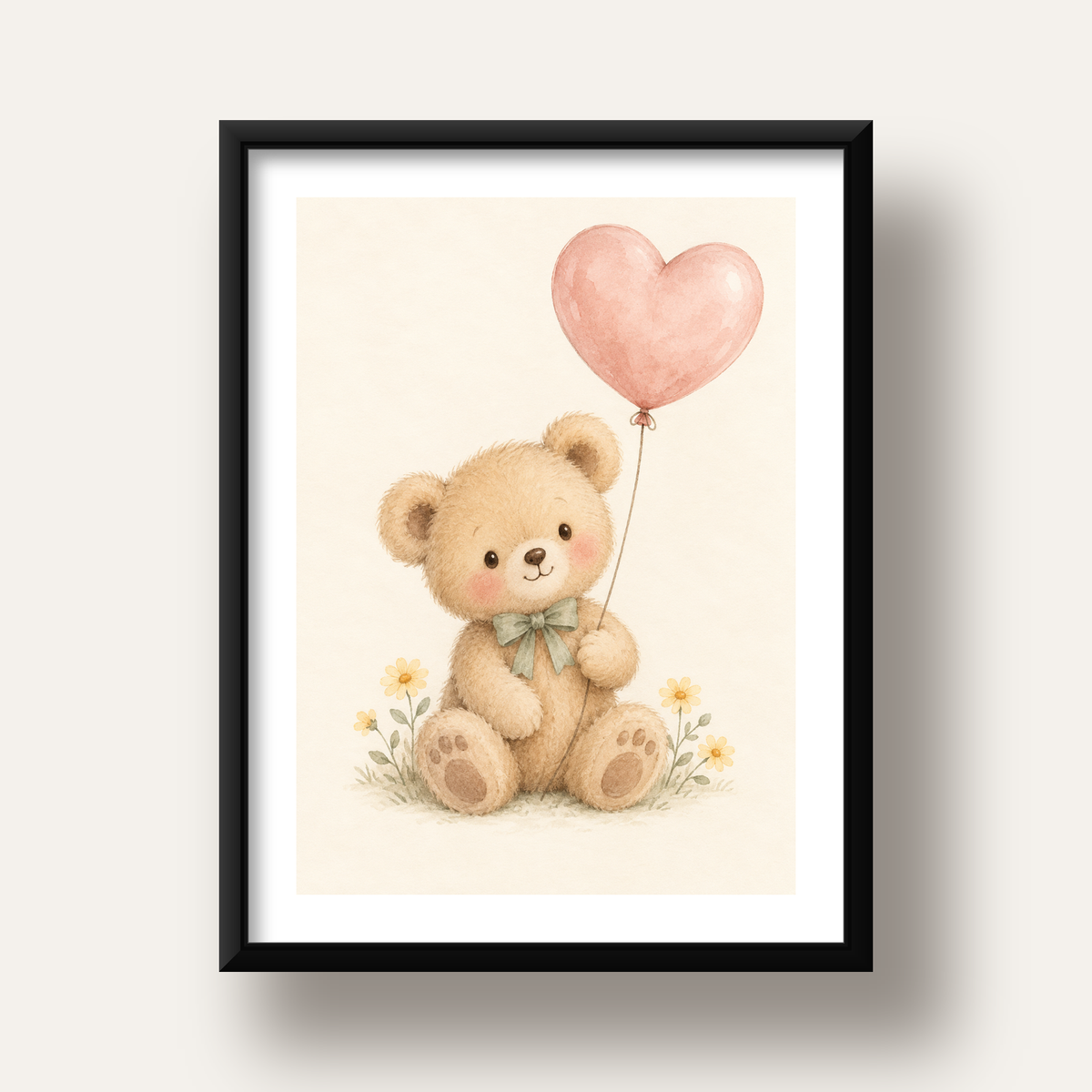 Kalpli Balon Tutan Ayıcık Suluboya Poster – Pastel Çocuk Odası Dekoru — siyah derin çerçeveli paspartulu