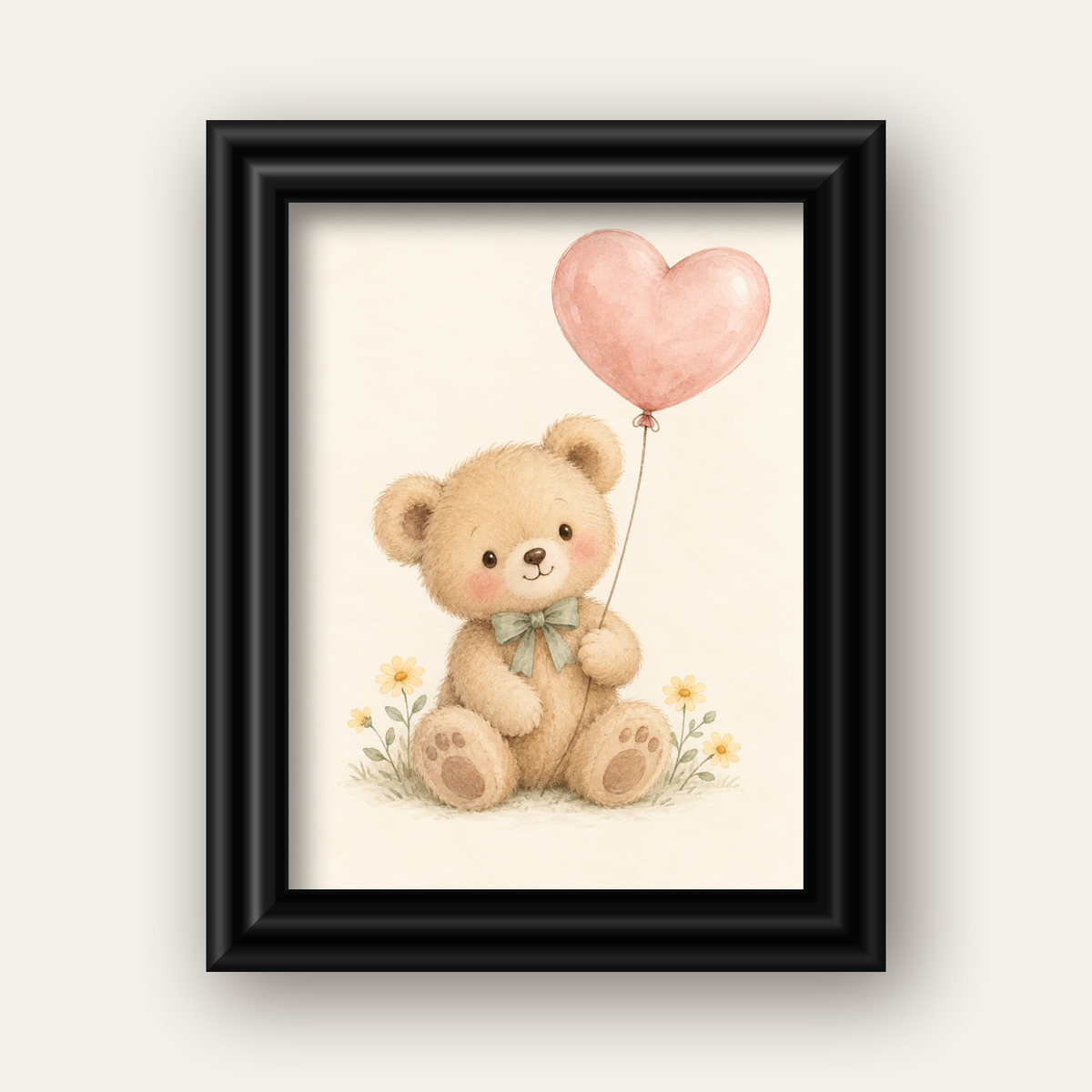 Kalpli Balon Tutan Ayıcık Suluboya Poster – Pastel Çocuk Odası Dekoru — siyah galeri çerçeveli
