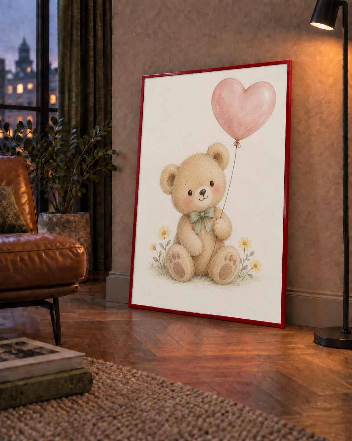 Kalpli Balon Tutan Ayıcık Suluboya Poster – Pastel Çocuk Odası Dekoru — çerçeveli hâliyle bir ev duvarında