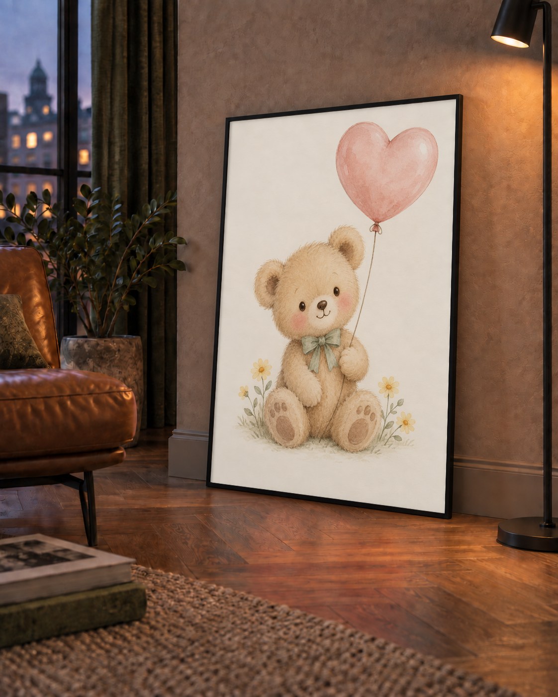 Kalpli Balon Tutan Ayıcık Suluboya Poster – Pastel Çocuk Odası Dekoru — çerçeveli hâliyle bir ev duvarında