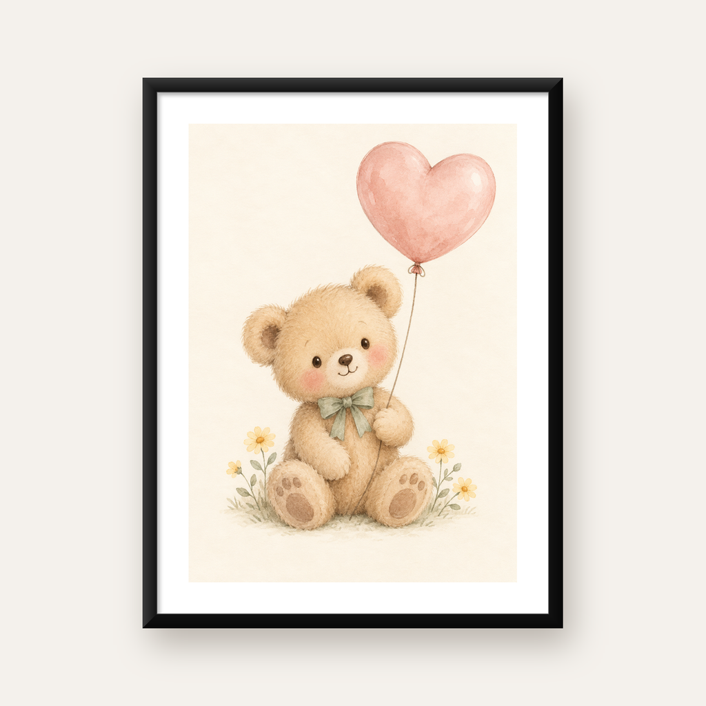 Kalpli Balon Tutan Ayıcık Suluboya Poster – Pastel Çocuk Odası Dekoru — Dikey baskı, beyaz paspartulu