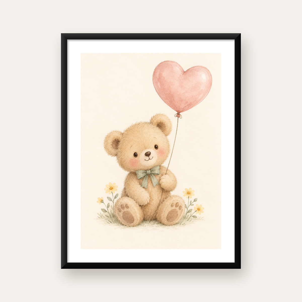 Kalpli Balon Tutan Ayıcık Suluboya Poster – Pastel Çocuk Odası Dekoru — Dikey baskı, beyaz paspartulu