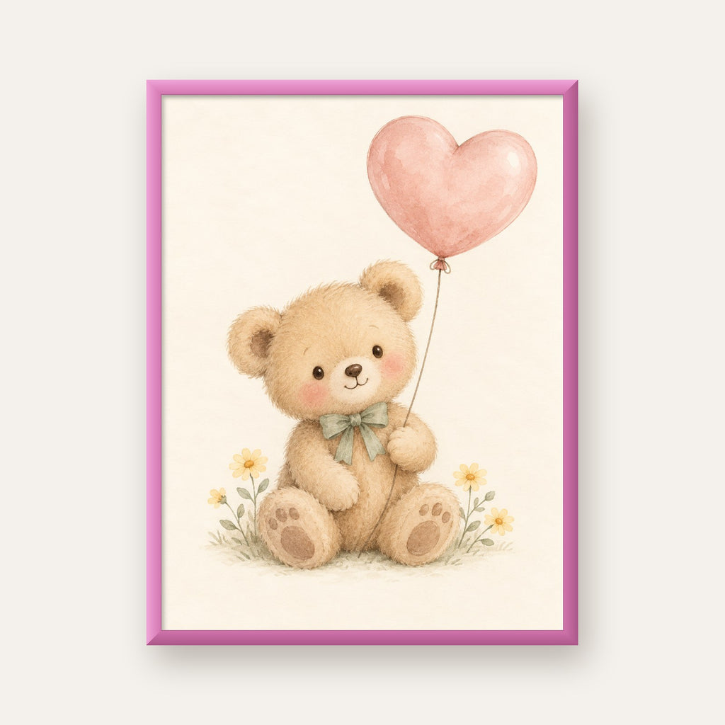 Kalpli Balon Tutan Ayıcık Suluboya Poster – Pastel Çocuk Odası Dekoru — pembe çerçeveli