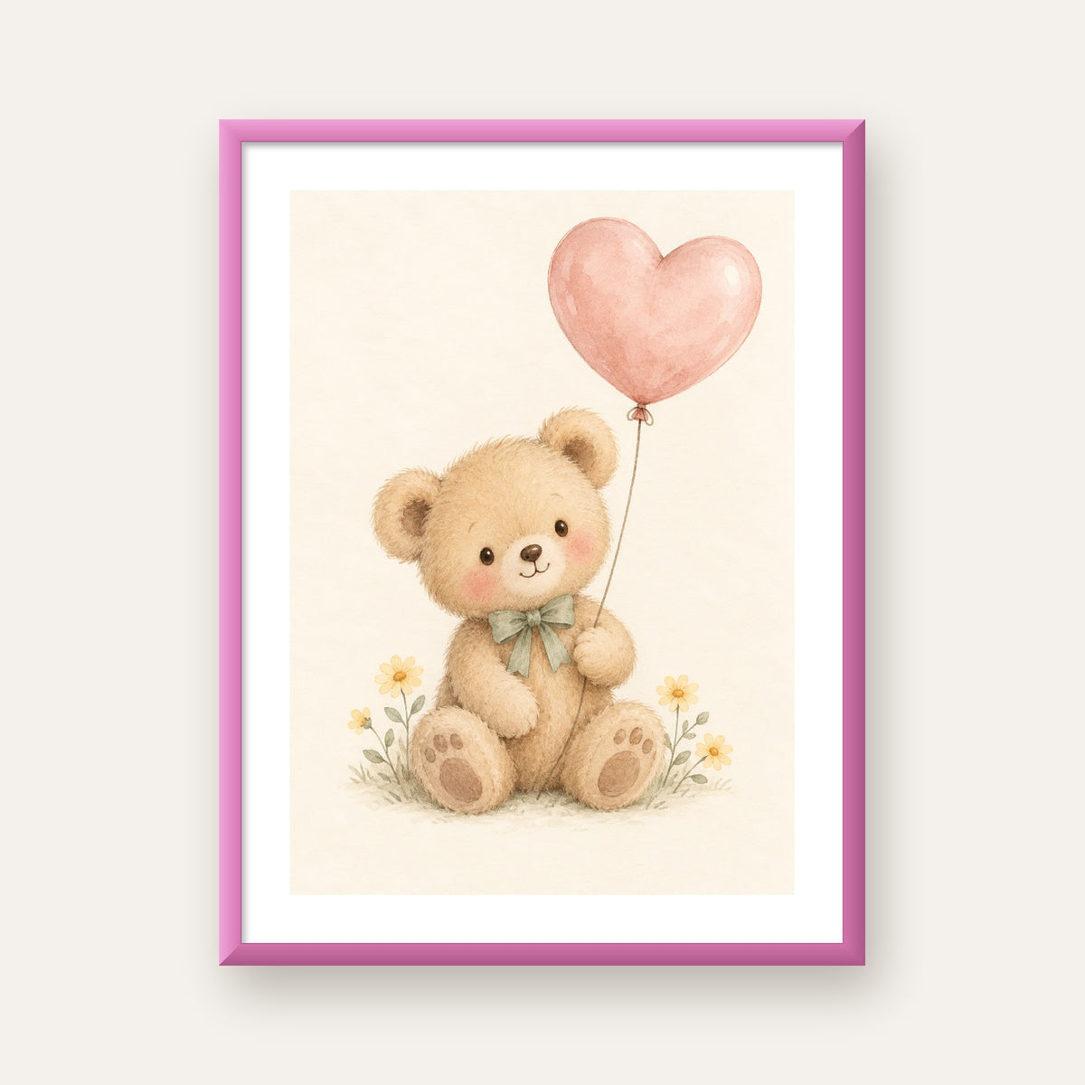 Kalpli Balon Tutan Ayıcık Suluboya Poster – Pastel Çocuk Odası Dekoru — pembe çerçeveli paspartulu