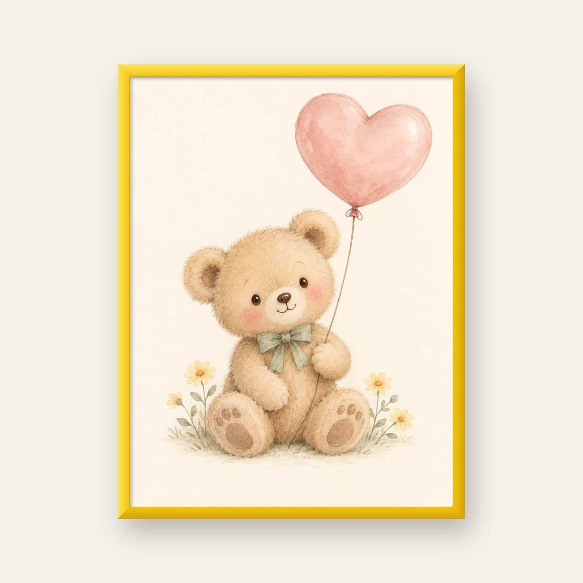 Kalpli Balon Tutan Ayıcık Suluboya Poster – Pastel Çocuk Odası Dekoru — sarı çerçeveli