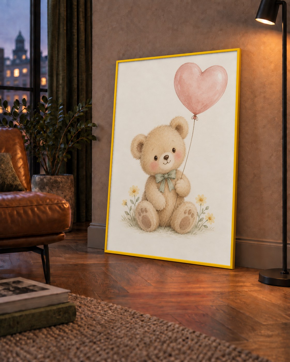 Kalpli Balon Tutan Ayıcık Suluboya Poster – Pastel Çocuk Odası Dekoru — çerçeveli hâliyle bir ev duvarında