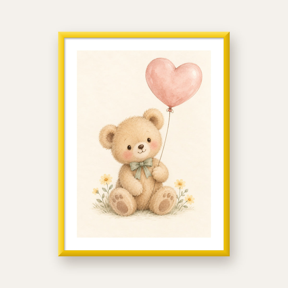 Kalpli Balon Tutan Ayıcık Suluboya Poster – Pastel Çocuk Odası Dekoru — sarı çerçeveli paspartulu