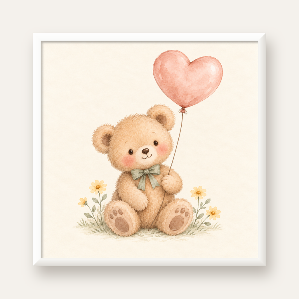 Kalpli Balon Tutan Ayıcık Suluboya Poster – Pastel Çocuk Odası Dekoru — beyaz çerçeveli kare poster