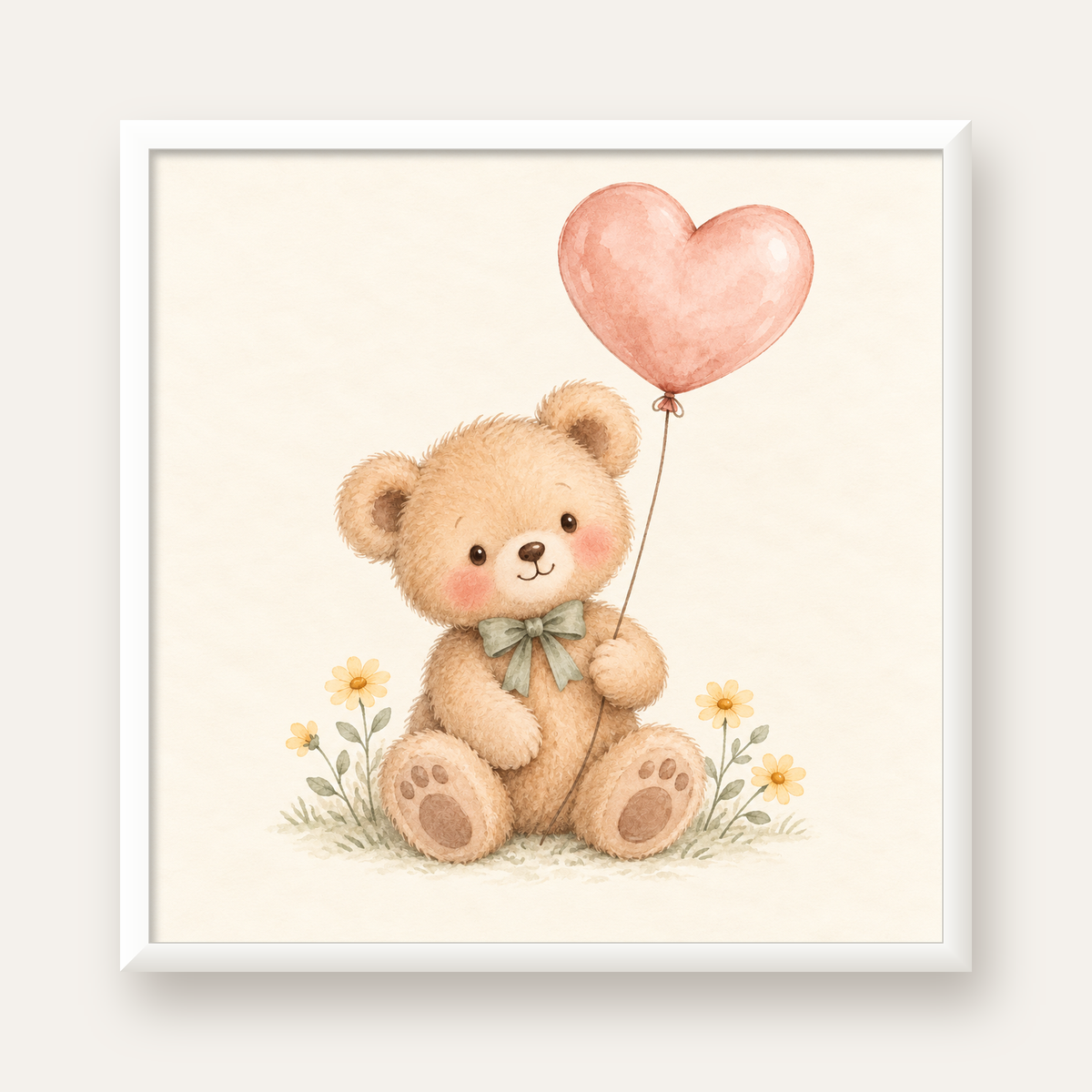 Kalpli Balon Tutan Ayıcık Suluboya Poster – Pastel Çocuk Odası Dekoru — beyaz çerçeveli kare poster
