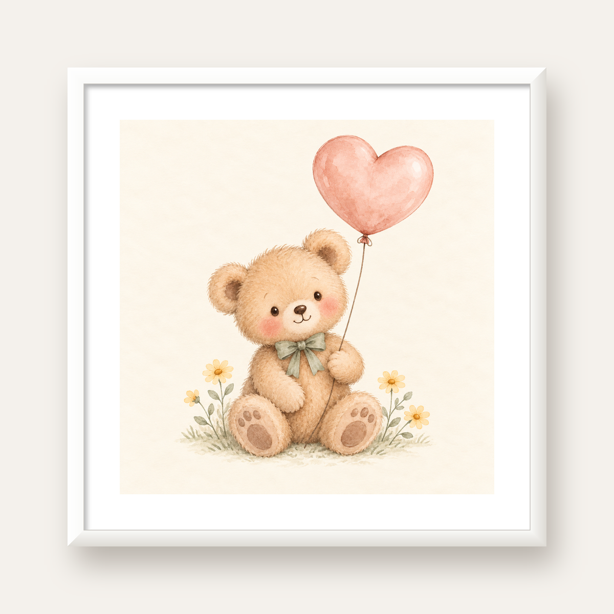 Kalpli Balon Tutan Ayıcık Suluboya Poster – Pastel Çocuk Odası Dekoru — beyaz çerçeveli kare poster