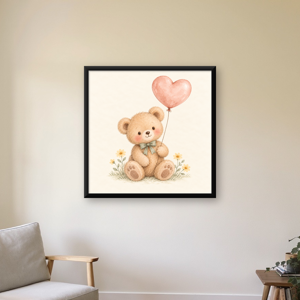 Kalpli Balon Tutan Ayıcık Suluboya Poster – Pastel Çocuk Odası Dekoru — Kare baskı, çerçeveli hâliyle bir ev duvarında