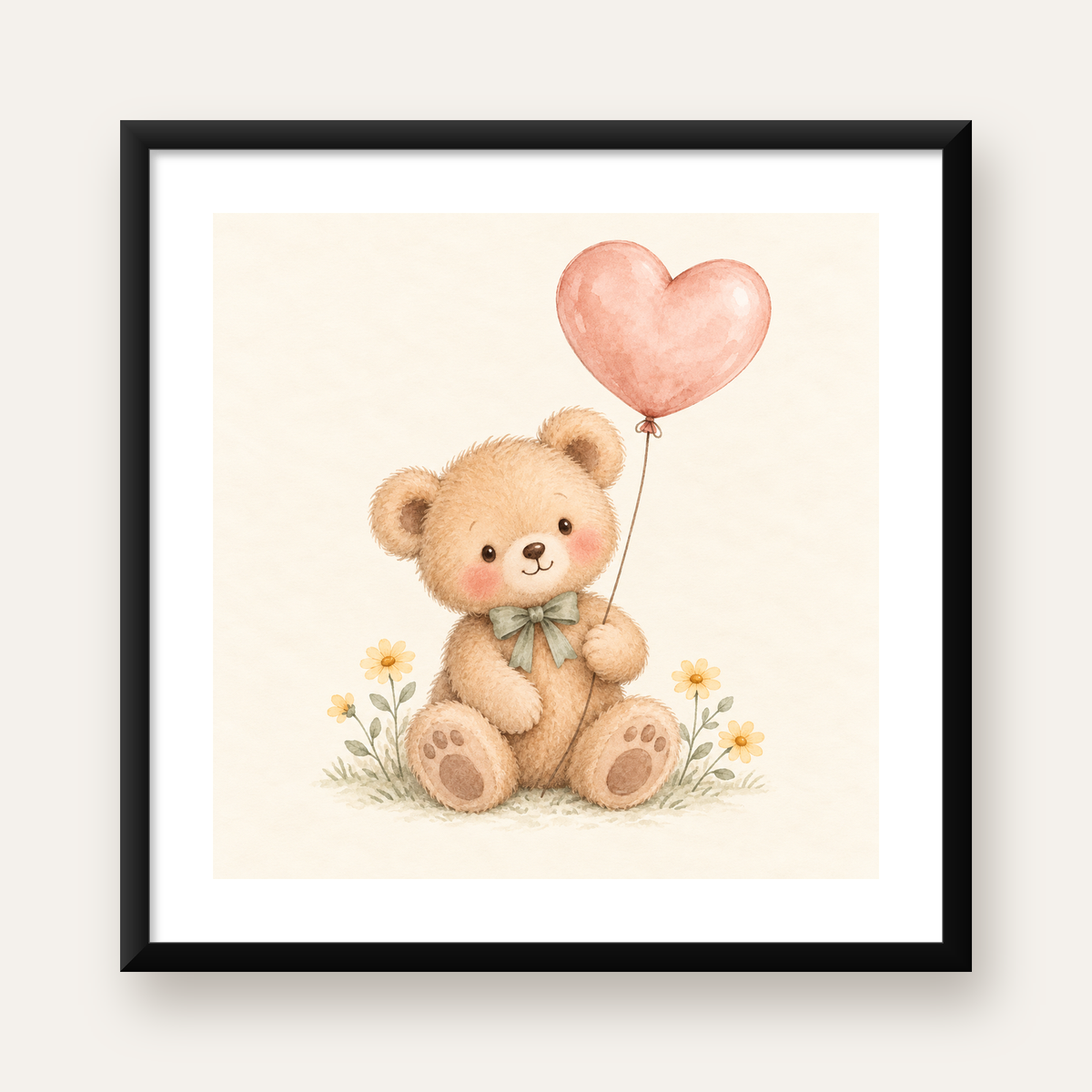 Kalpli Balon Tutan Ayıcık Suluboya Poster – Pastel Çocuk Odası Dekoru — Kare baskı, beyaz paspartulu