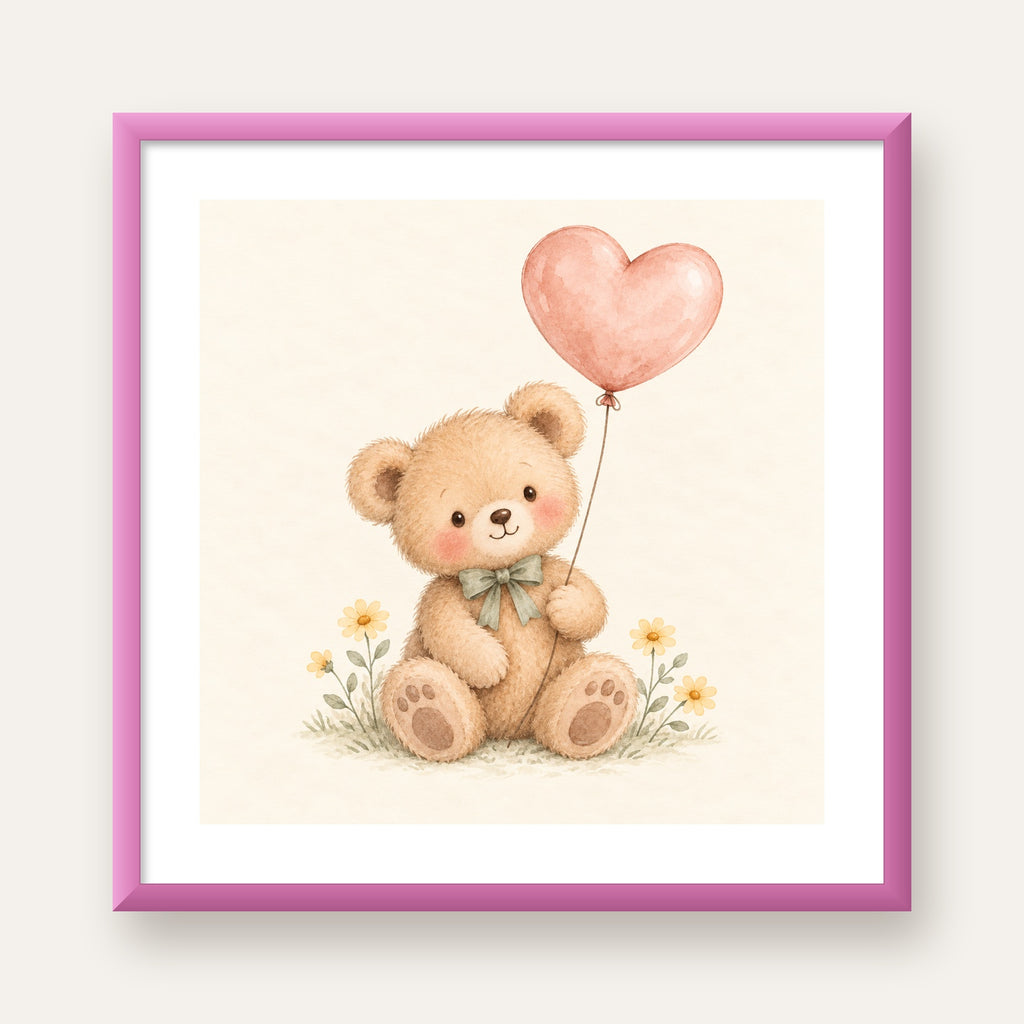 Kalpli Balon Tutan Ayıcık Suluboya Poster – Pastel Çocuk Odası Dekoru — pembe çerçeveli paspartulu