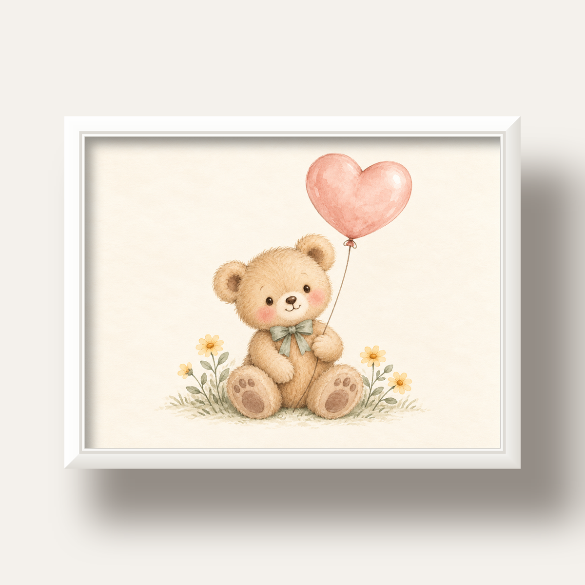 Kalpli Balon Tutan Ayıcık Suluboya Poster – Pastel Çocuk Odası Dekoru — beyaz derin çerçeveli
