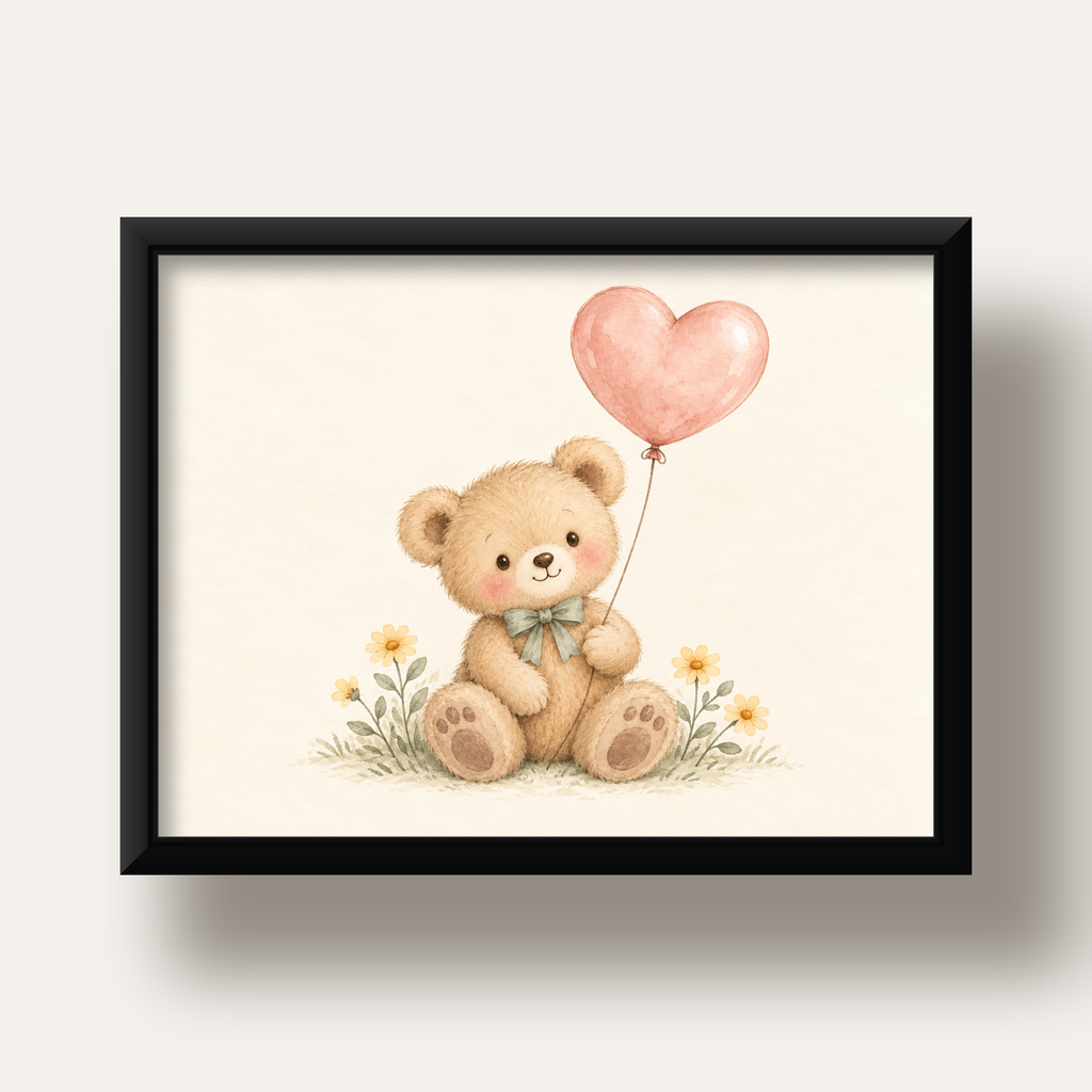 Kalpli Balon Tutan Ayıcık Suluboya Poster – Pastel Çocuk Odası Dekoru — siyah derin çerçeveli