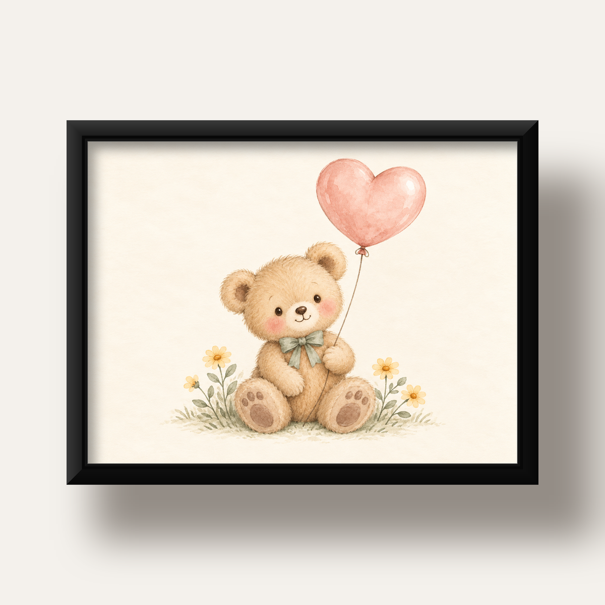 Kalpli Balon Tutan Ayıcık Suluboya Poster – Pastel Çocuk Odası Dekoru — siyah derin çerçeveli