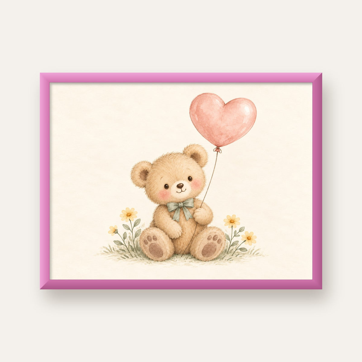 Kalpli Balon Tutan Ayıcık Suluboya Poster – Pastel Çocuk Odası Dekoru — pembe çerçeveli