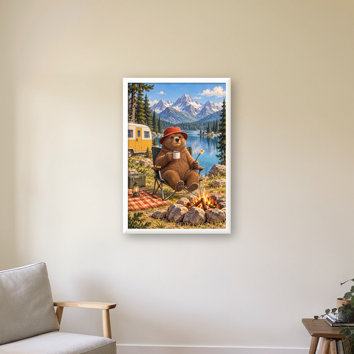 Kamp Yapan Sevimli Ayı – Dağ Gölü Temalı Renkli Poster — beyaz çerçeveli dikey poster