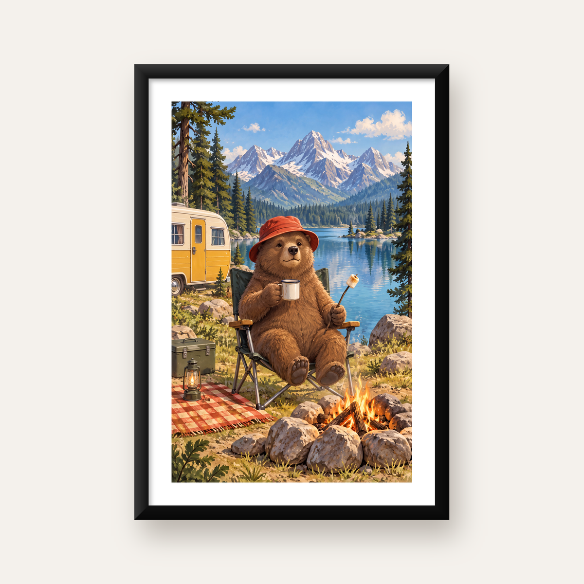 Kamp Yapan Sevimli Ayı – Dağ Gölü Temalı Renkli Poster — Dikey baskı, beyaz paspartulu