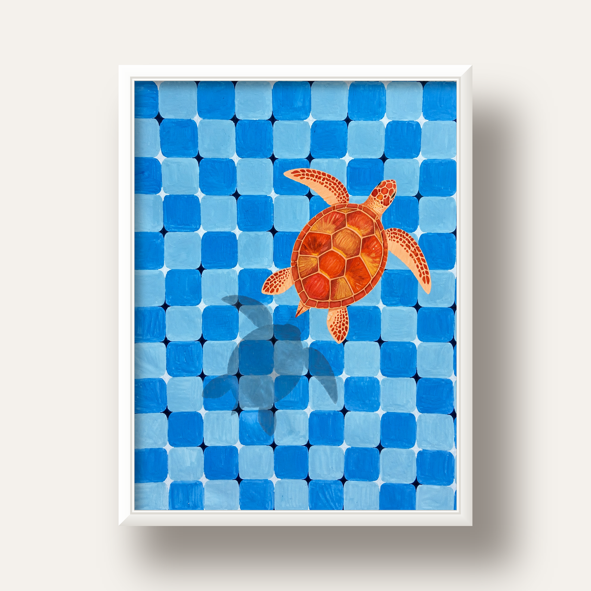 Deniz Kaplumbağası ve Mozaik Desen Modern Poster — beyaz derin çerçeveli