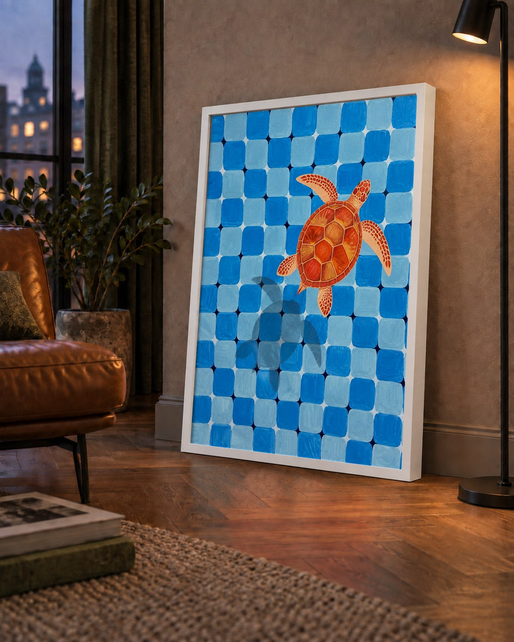 Deniz Kaplumbağası ve Mozaik Desen Modern Poster — çerçeveli hâliyle bir ev duvarında