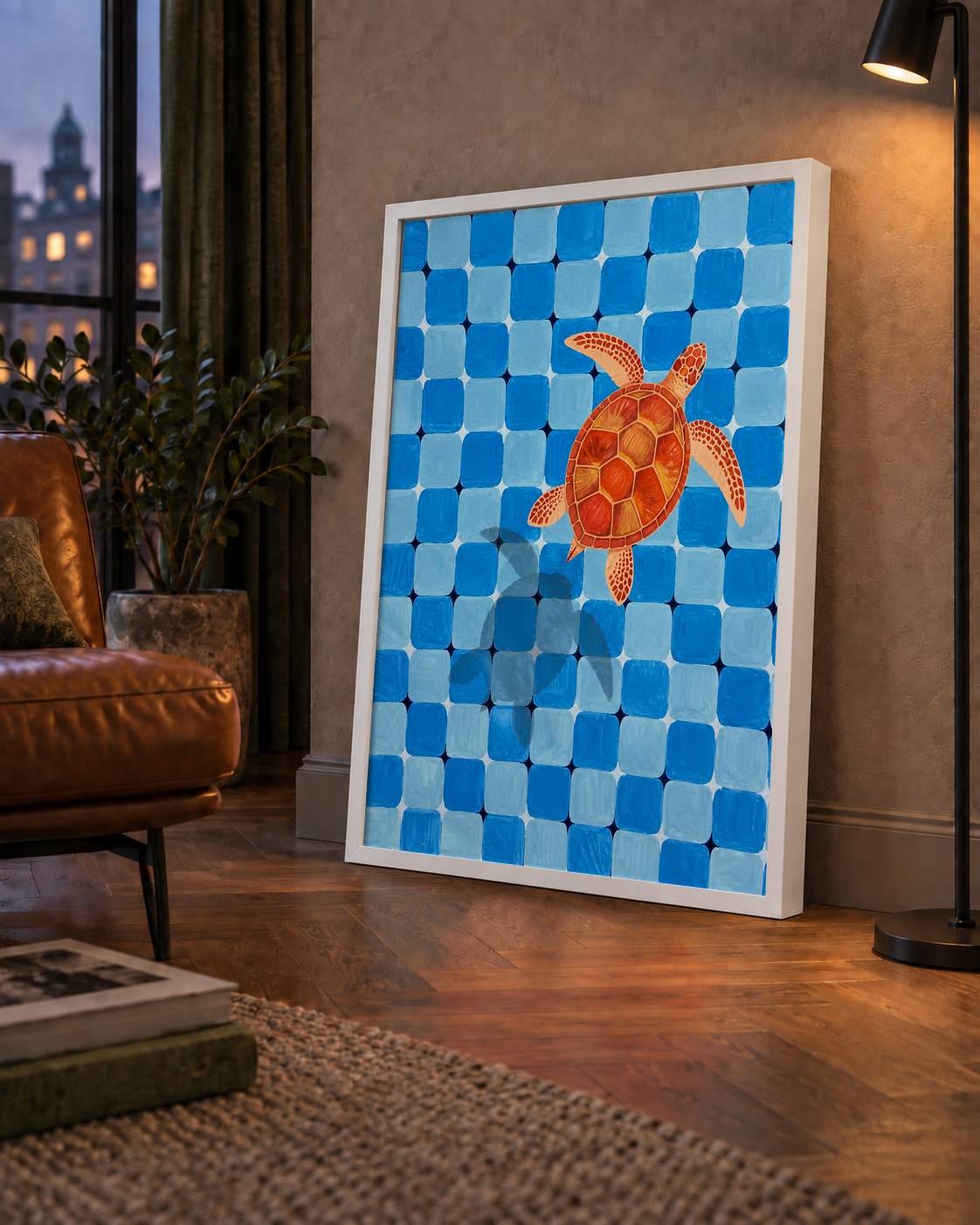 Deniz Kaplumbağası ve Mozaik Desen Modern Poster — çerçeveli hâliyle bir ev duvarında