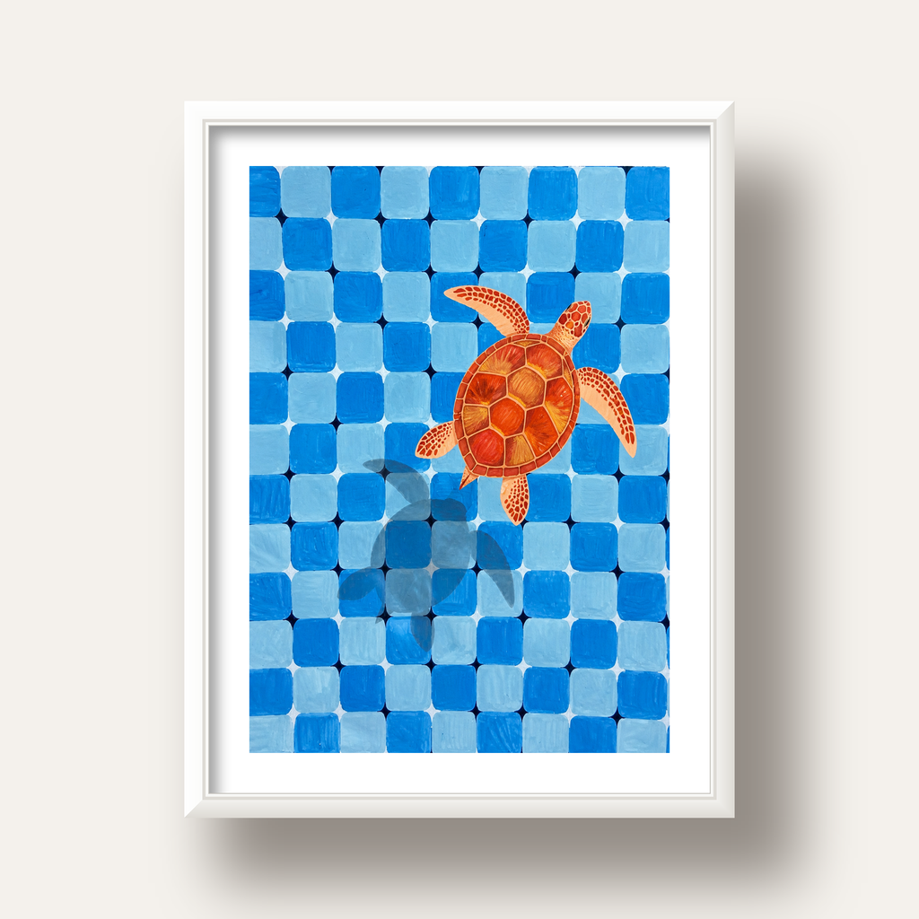 Deniz Kaplumbağası ve Mozaik Desen Modern Poster — beyaz derin çerçeveli paspartulu