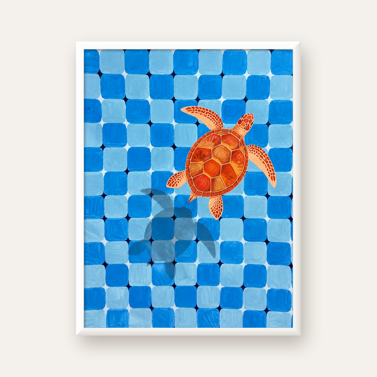 Deniz Kaplumbağası ve Mozaik Desen Modern Poster — beyaz çerçeveli dikey poster
