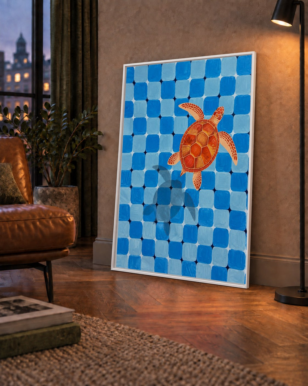 Deniz Kaplumbağası ve Mozaik Desen Modern Poster — çerçeveli hâliyle bir ev duvarında