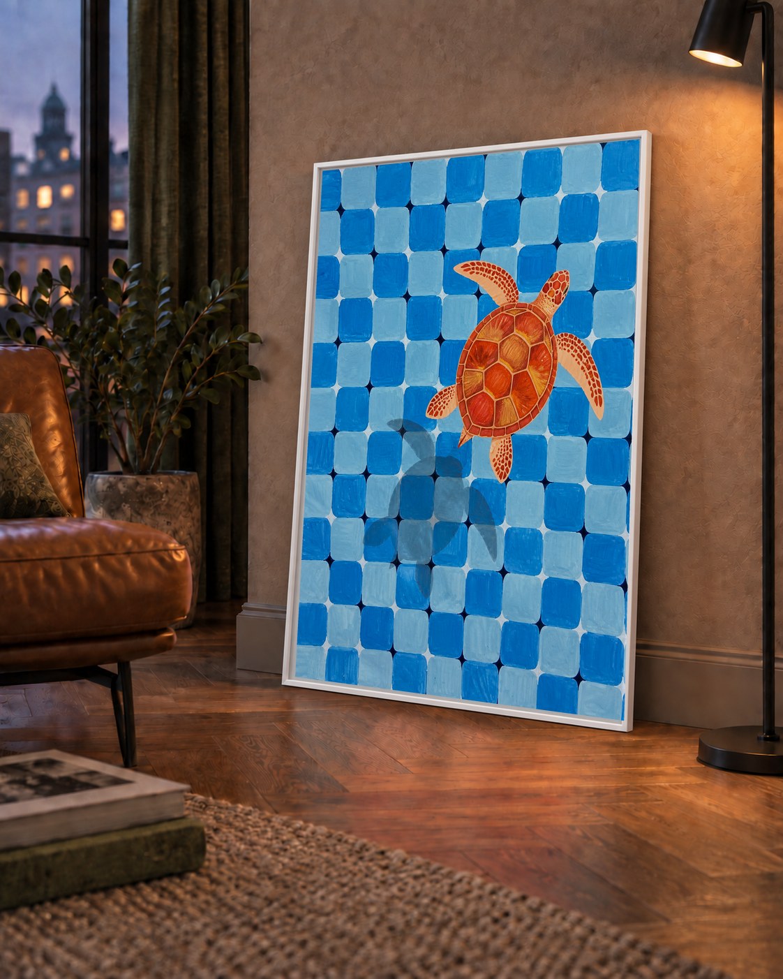 Deniz Kaplumbağası ve Mozaik Desen Modern Poster — çerçeveli hâliyle bir ev duvarında
