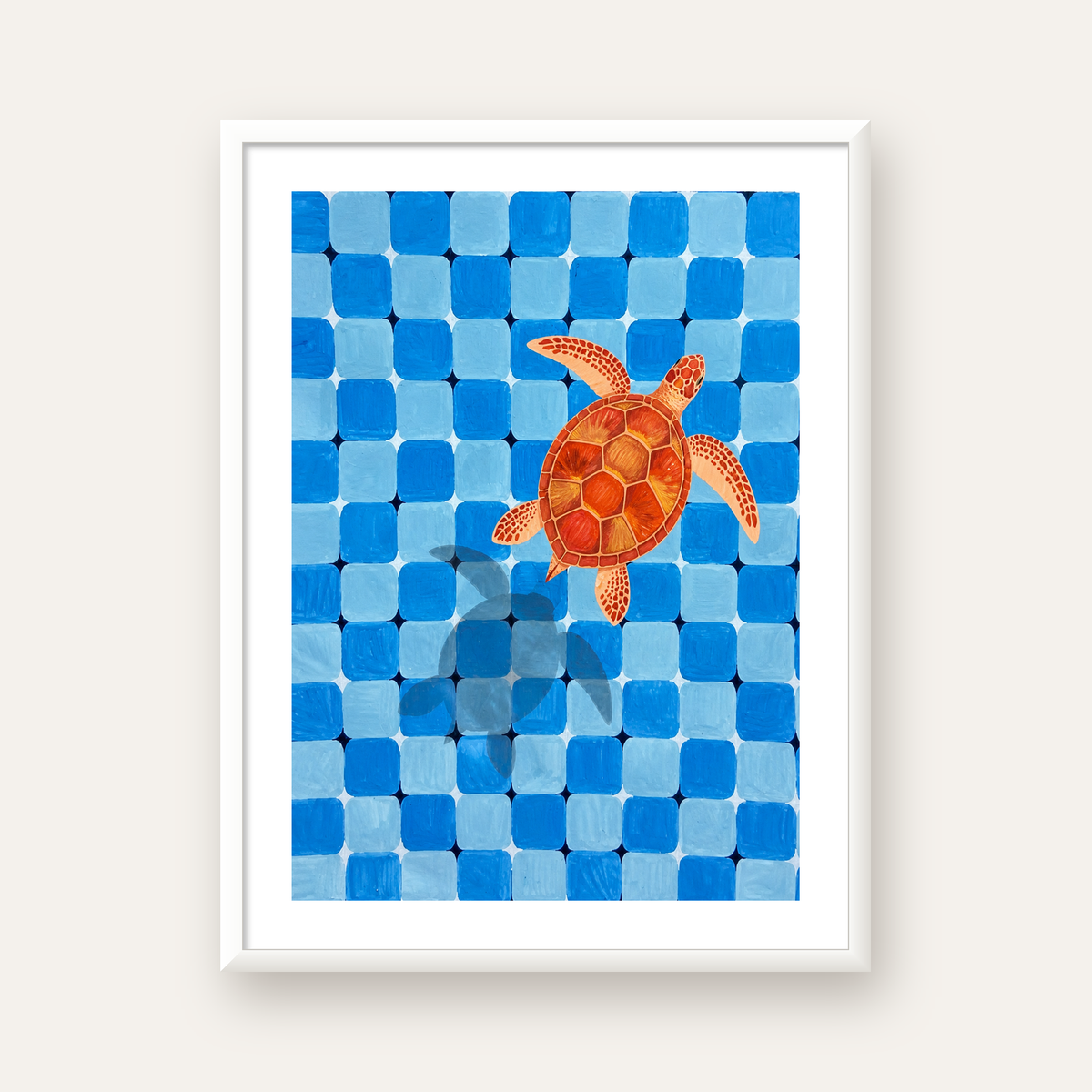 Deniz Kaplumbağası ve Mozaik Desen Modern Poster — beyaz çerçeveli dikey poster