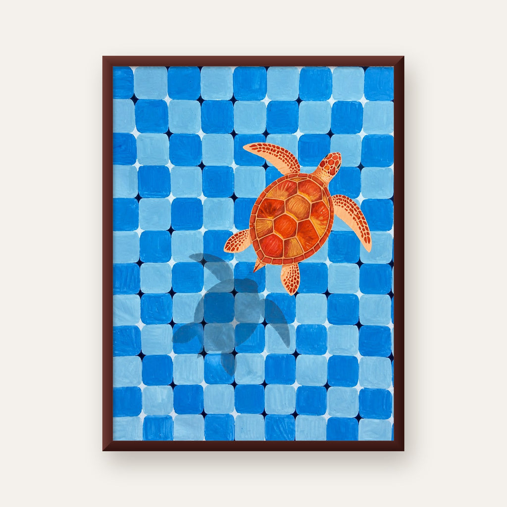 Deniz Kaplumbağası ve Mozaik Desen Modern Poster — ceviz çerçeveli