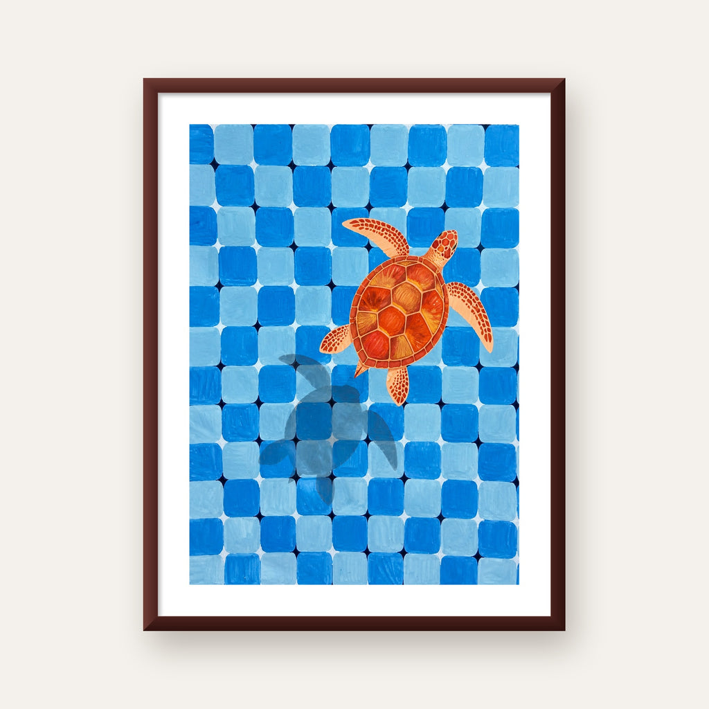 Deniz Kaplumbağası ve Mozaik Desen Modern Poster — ceviz çerçeveli paspartulu