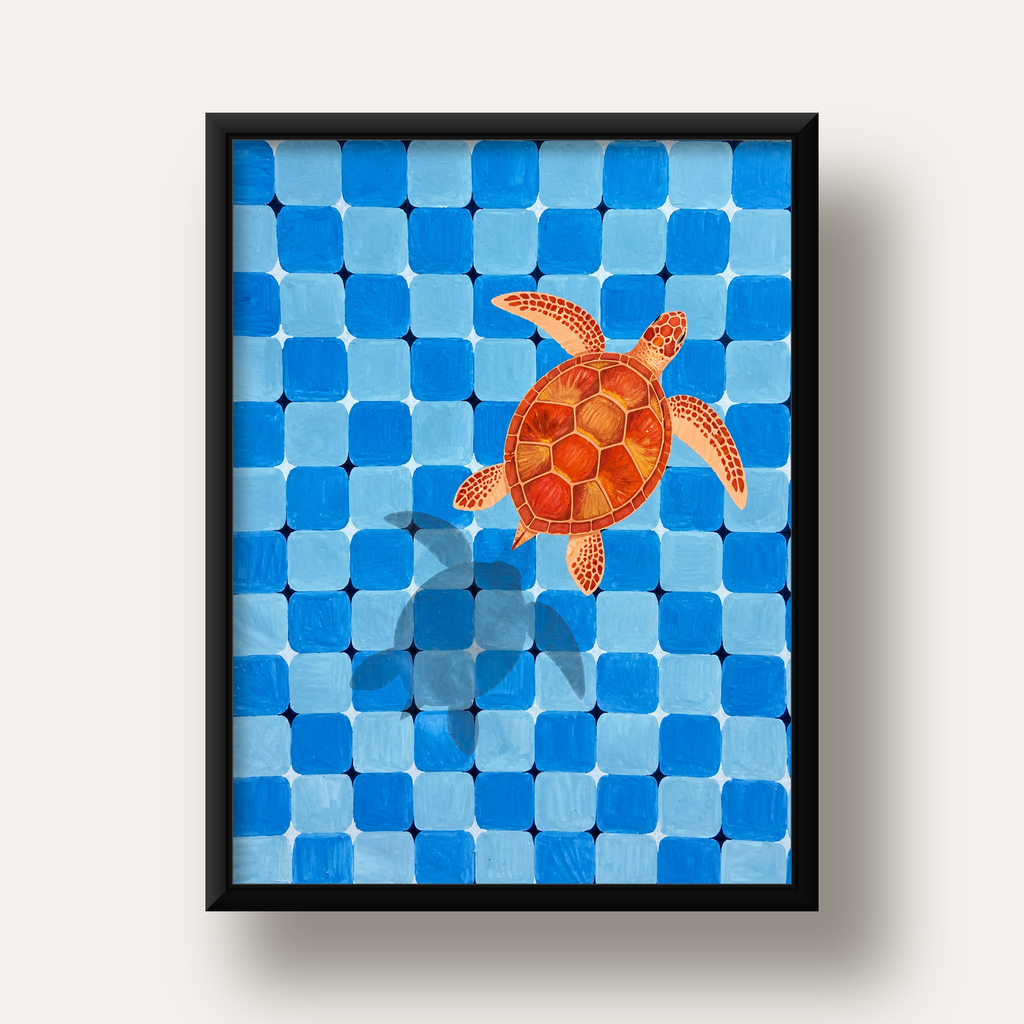 Deniz Kaplumbağası ve Mozaik Desen Modern Poster — siyah derin çerçeveli