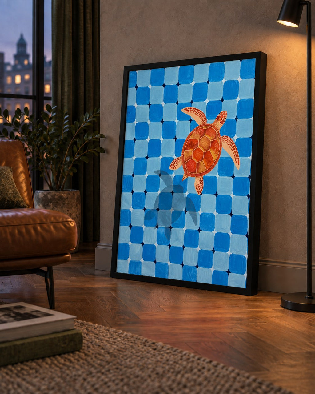Deniz Kaplumbağası ve Mozaik Desen Modern Poster — çerçeveli hâliyle bir ev duvarında