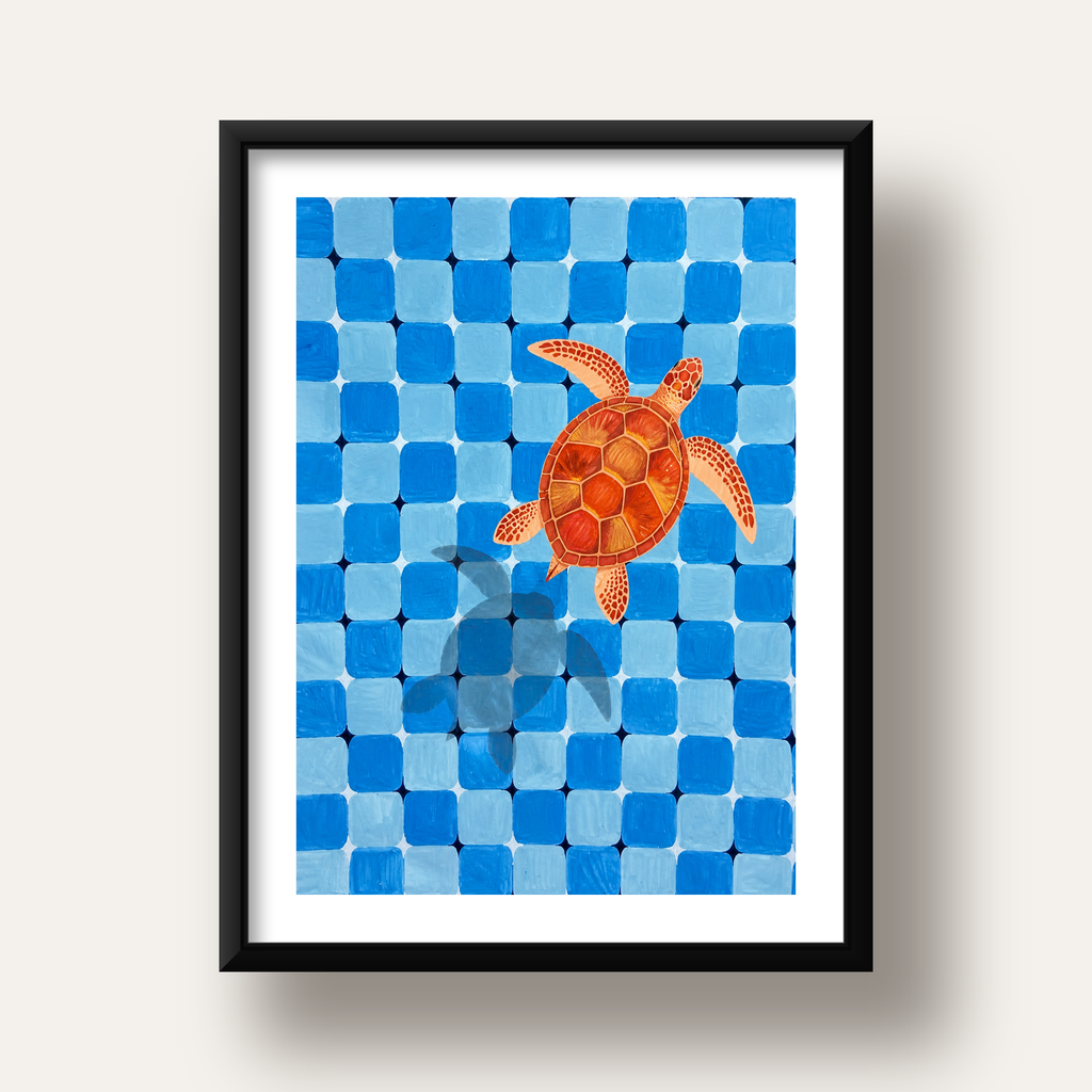 Deniz Kaplumbağası ve Mozaik Desen Modern Poster — siyah derin çerçeveli paspartulu