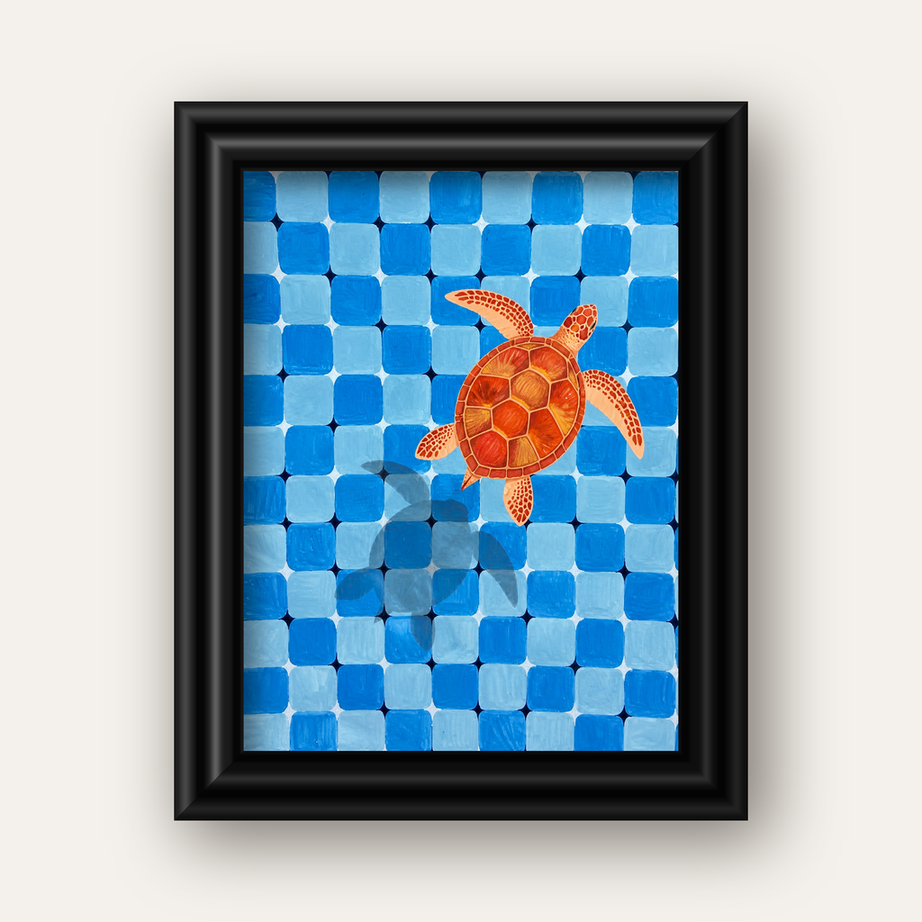 Deniz Kaplumbağası ve Mozaik Desen Modern Poster — siyah galeri çerçeveli