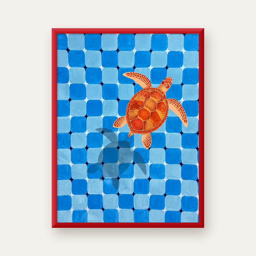Deniz Kaplumbağası ve Mozaik Desen Modern Poster — kırmızı çerçeveli