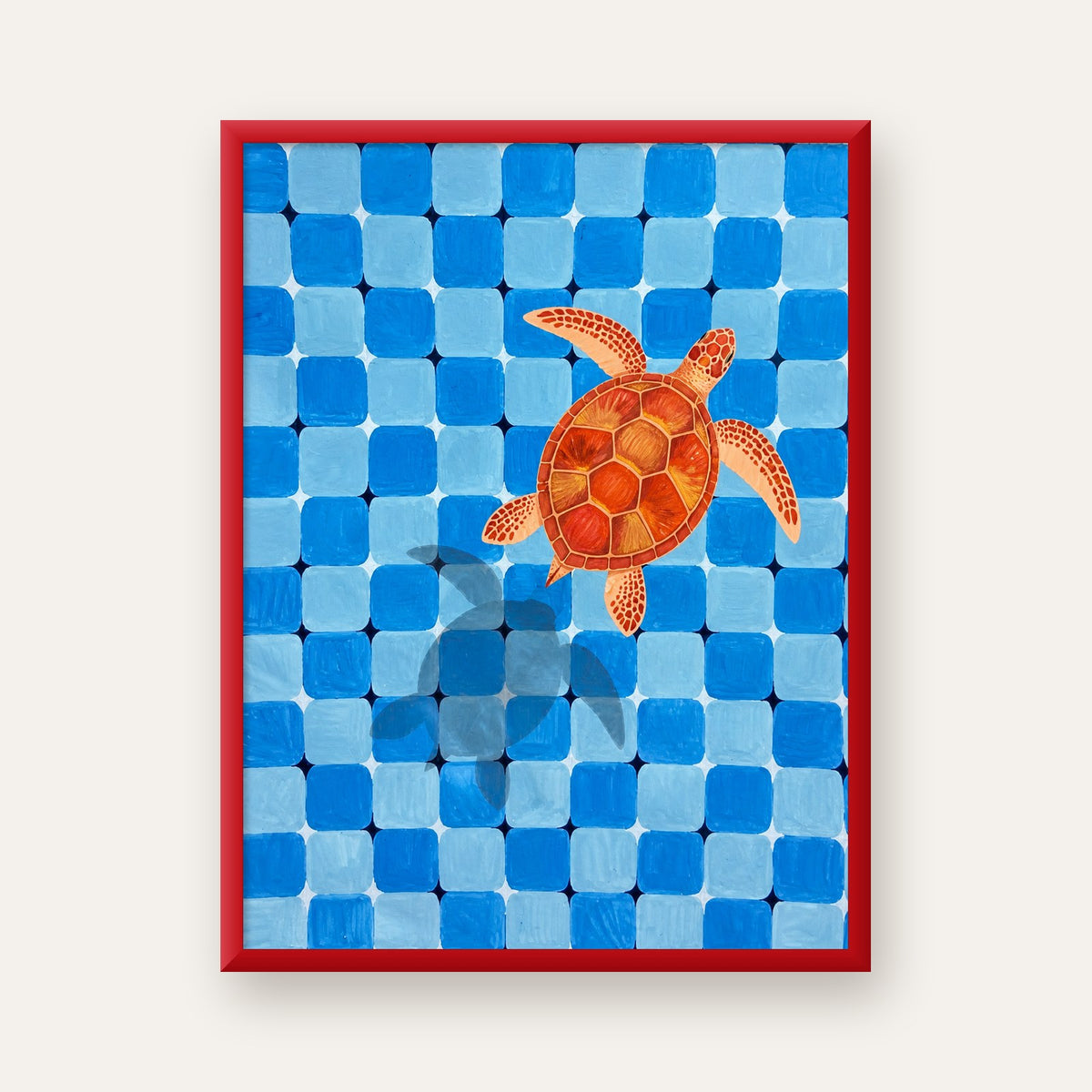 Deniz Kaplumbağası ve Mozaik Desen Modern Poster — kırmızı çerçeveli